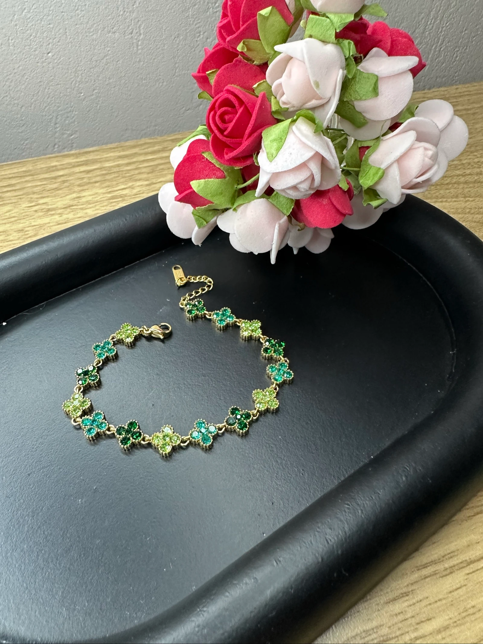 Green & Gold Rhinestone Clovers Bracelet - Stainless Steel (New) – photo 2